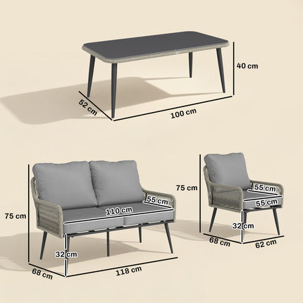 Rattan Garden Furniture Set, 4 Piece Outdoor Patio Furniture with Tempered Glass Table and Chairs, Indoor Balcony Conservatory Set