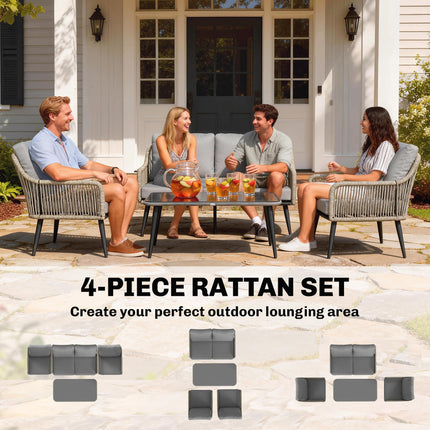 Rattan Garden Furniture Set, 4 Piece Outdoor Patio Furniture with Tempered Glass Table and Chairs, Indoor Balcony Conservatory Set