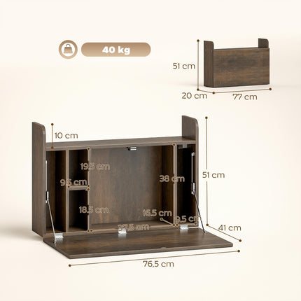 Wall Mounted Desk, Drop Leaf Floating Laptop Desk with Space Saving Storage Compartments for Home Office, Dark Brown