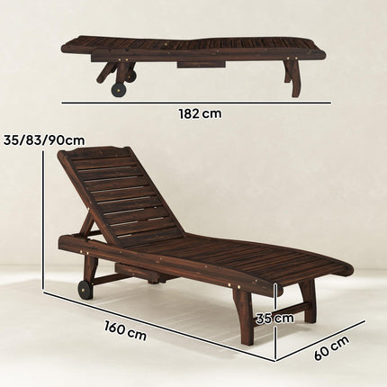 Outdoor Wooden Sun Lounger with Built-In Table, Carbonised Finish