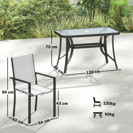 Garden Dining Set for 4 with Umbrella Hole, Stackable Chairs and Rectangular Glass-Top Outdoor Table, Light Grey
