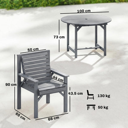 5 Pieces Garden Dining Set with Parasol Hole, Round Outdoor Table and Chairs, 4 Seater Wooden Garden Furniture, Grey