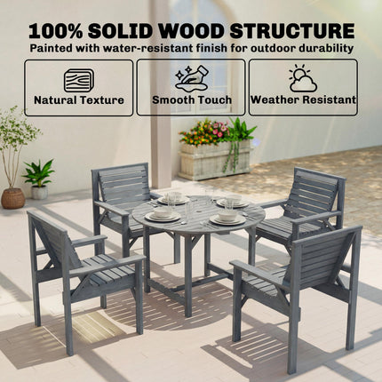 5 Pieces Garden Dining Set with Parasol Hole, Round Outdoor Table and Chairs, 4 Seater Wooden Garden Furniture, Grey