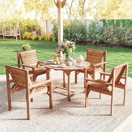 5 Pieces Garden Dining Set with Parasol Hole, Round Outdoor Table and Chairs, 4 Seater Wooden Garden Furniture, Natural