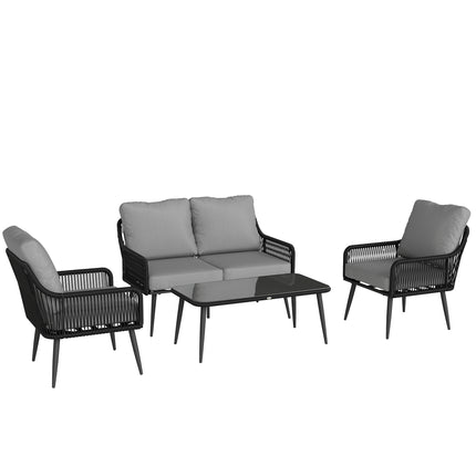 Rattan Garden Furniture Set, 4 Piece Outdoor Patio Furniture with Tempered Glass