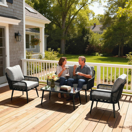 Rattan Garden Furniture Set, 4 Piece Outdoor Patio Furniture with Tempered Glass