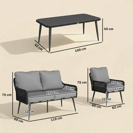 Rattan Garden Furniture Set, 4 Piece Outdoor Patio Furniture with Tempered Glass