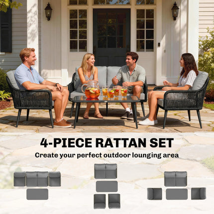 Rattan Garden Furniture Set, 4 Piece Outdoor Patio Furniture with Tempered Glass