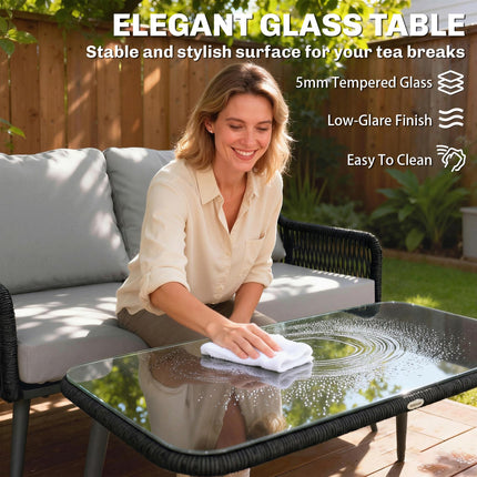 Rattan Garden Furniture Set, 4 Piece Outdoor Patio Furniture with Tempered Glass