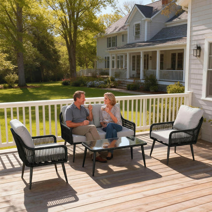 Rattan Garden Furniture Set, 4 Piece Outdoor Patio Furniture with Tempered Glass