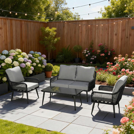 Rattan Garden Furniture Set, 4 Piece Outdoor Patio Furniture with Tempered Glass
