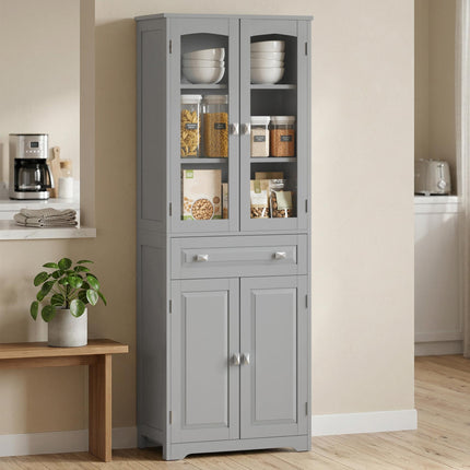 Freestanding Kitchen Cupboard, Storage Cabinet with 2 Adjustable Shelves, Drawer and Glass Door for Living Room, Grey