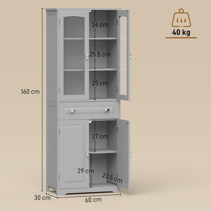 Freestanding Kitchen Cupboard, Storage Cabinet with 2 Adjustable Shelves, Drawer and Glass Door for Living Room, Grey