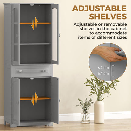 Freestanding Kitchen Cupboard, Storage Cabinet with 2 Adjustable Shelves, Drawer and Glass Door for Living Room, Grey
