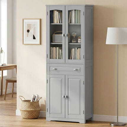 Freestanding Kitchen Cupboard, Storage Cabinet with 2 Adjustable Shelves, Drawer and Glass Door for Living Room, Grey