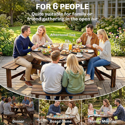 Wooden Garden Dining Set, 6 Seater Round Dining Picnic Table with Matching Bench, Garden Furniture Set with Parasol Hole for Outdoor Patio Party and Family Gatherings, Carbonized