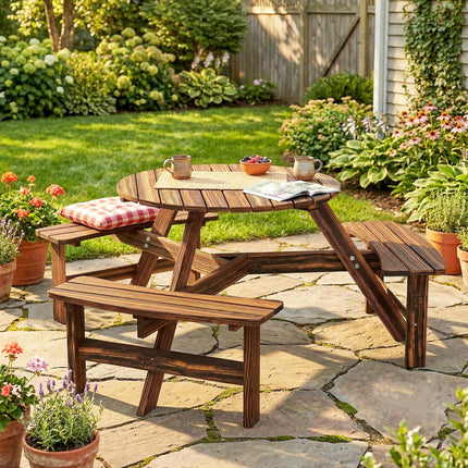 Wooden Garden Dining Set, 6 Seater Round Dining Picnic Table with Matching Bench, Garden Furniture Set with Parasol Hole for Outdoor Patio Party and Family Gatherings, Carbonized