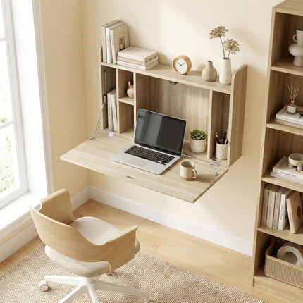 Wall Mounted Desk, Drop Leaf Floating Laptop Desk with Space Saving Storage Comp