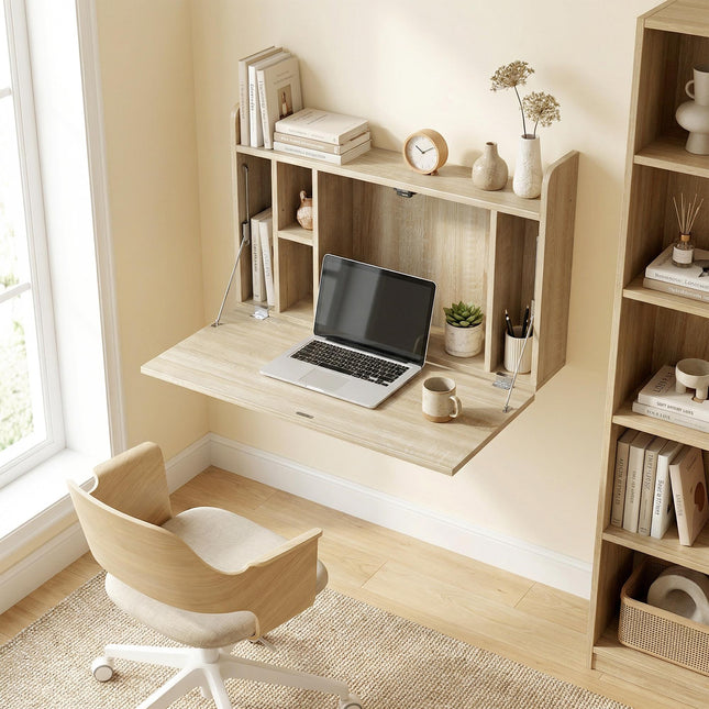 Wall Mounted Desk, Drop Leaf Floating Laptop Desk with Space Saving Storage Comp