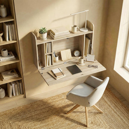 Wall Mounted Desk, Drop Leaf Floating Laptop Desk with Space Saving Storage Comp