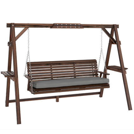 3 Seater Garden Swing Seat, Wooden Swing Chair Bench with Cushion, Side Trays and Metal Chains, for Outdoor Porch Patio, Carbonised Brown