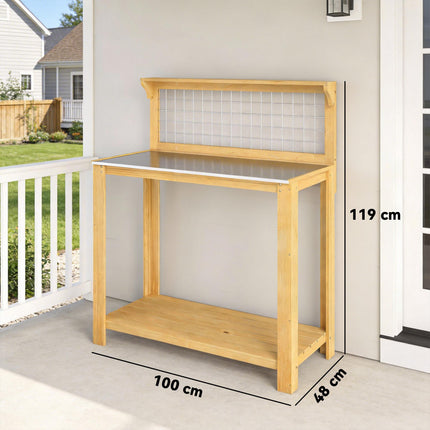 Wooden Potting Bench Table with Aluminium Worktop, Outdoor Garden Workbench with 2 Shelves