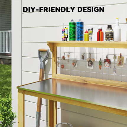 Wooden Potting Bench Table with Aluminium Worktop, Outdoor Garden Workbench with 2 Shelves