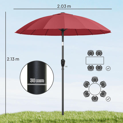 2 m Shanghai Garden Parasol Umbrella with 16 Fibreglass Ribs, Outdoor Parasol Sun Shade with Crank & Tilt, Wine Red