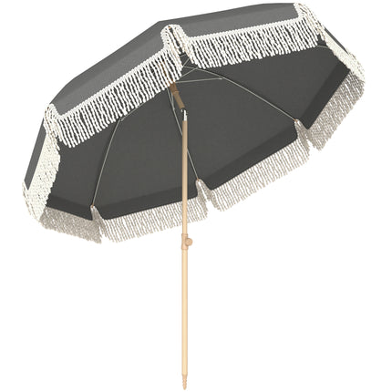 1.7 m Beach Umbrella with Sand Anchor, 30° Tilting Fringed Beach Garden Parasol with Adjustable Height, Grey