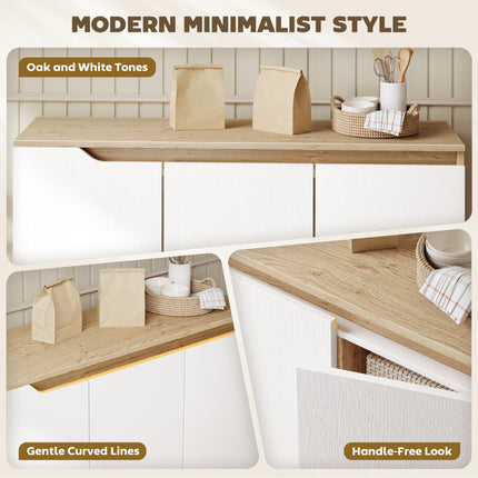 Sideboard Storage Cabinet, Kitchen Cupboard with 3 Doors, 2 Adjustable Shelves and 5 Rubberwood Legs, White and Oak