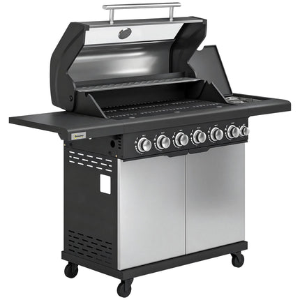 6+1 Burner Gas BBQ Grill, Outdoor Barbecue Trolley with Wheels, Warming Rack, Thermometer, Bottle Opener, Silver Tone