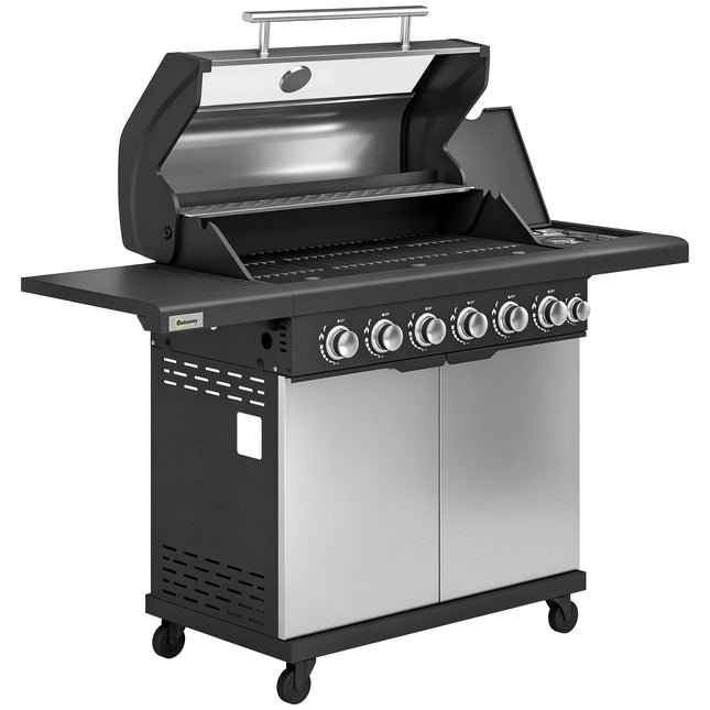 6+1 Burner Gas BBQ Grill, Outdoor Barbecue Trolley with Wheels, Warming Rack, Thermometer, Bottle Opener, Silver Tone