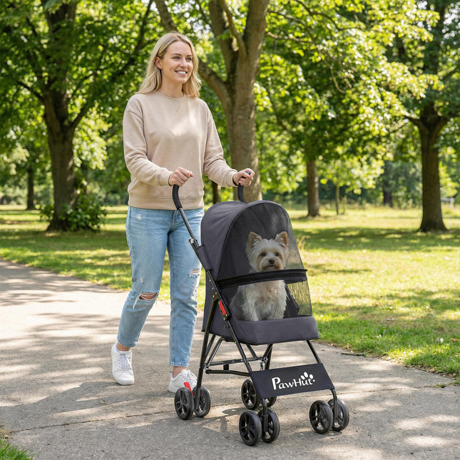 Dog Stroller, Foldable Cat Dog Pram for Miniature Breeds, Pet Stroller with Brake, Mesh Windows, Dark Grey