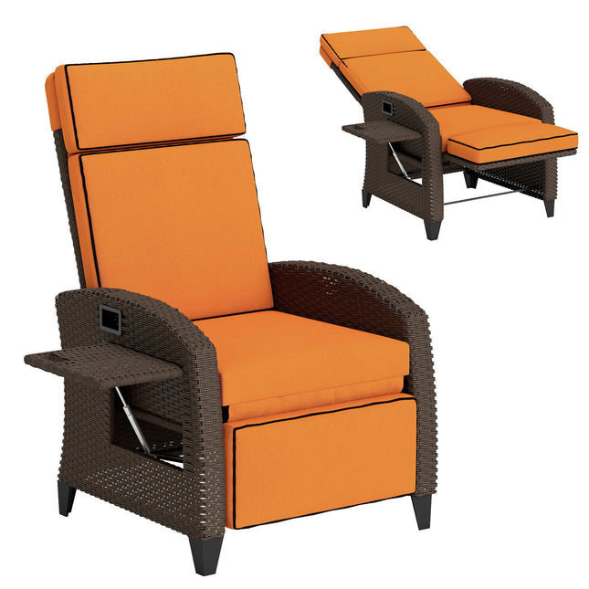 Garden Recliner with Cushion, Outdoor Recliner Chair with Adjustable Backrest & Footrest, Side Tray, Orange