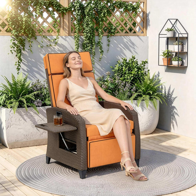 Garden Recliner with Cushion, Outdoor Recliner Chair with Adjustable Backrest & Footrest, Side Tray, Orange