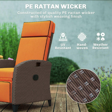 Garden Recliner with Cushion, Outdoor Recliner Chair with Adjustable Backrest & Footrest, Side Tray, Orange