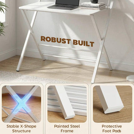Compact Folding Desk for Small Spaces with Storage Shelf for Home Office, White