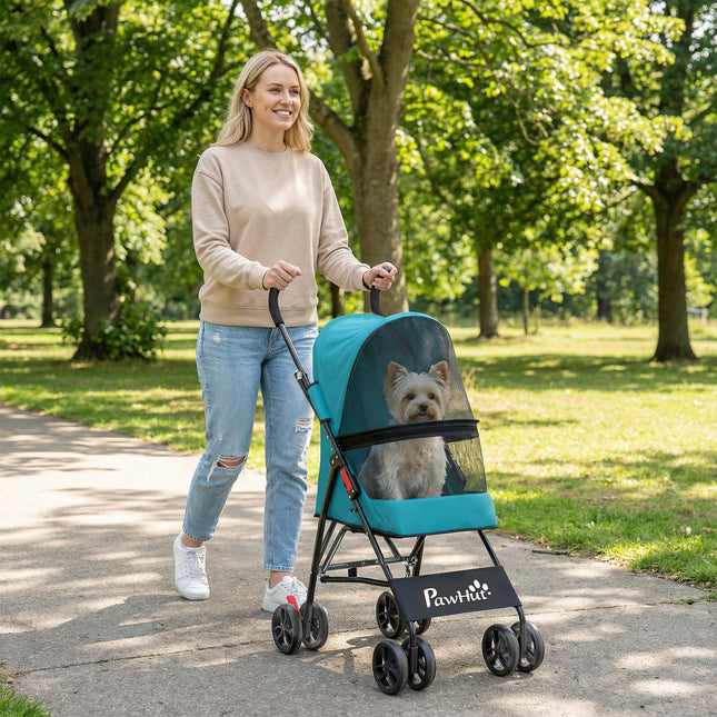 Dog Stroller, Foldable Cat Dog Pram for Miniature Breeds, Pet Stroller with Brake, Mesh Windows, Dark Green