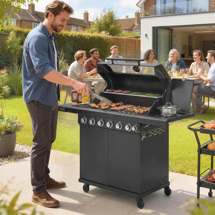 6+1 Burner Gas BBQ Grill, Outdoor Barbecue Trolley with Wheels, Warming Rack, Thermometer, Bottle Opener, Black