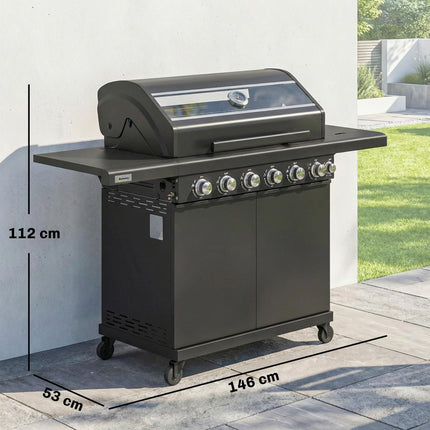 6+1 Burner Gas BBQ Grill, Outdoor Barbecue Trolley with Wheels, Warming Rack, Thermometer, Bottle Opener, Black