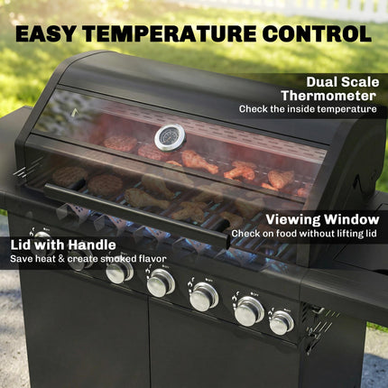 6+1 Burner Gas BBQ Grill, Outdoor Barbecue Trolley with Wheels, Warming Rack, Thermometer, Bottle Opener, Black