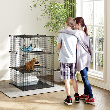 Indoor Cat Cage DIY Customizable 3-Tier Indoor Cat Enclosure with 3 Doors and Hammock 105 cm Black