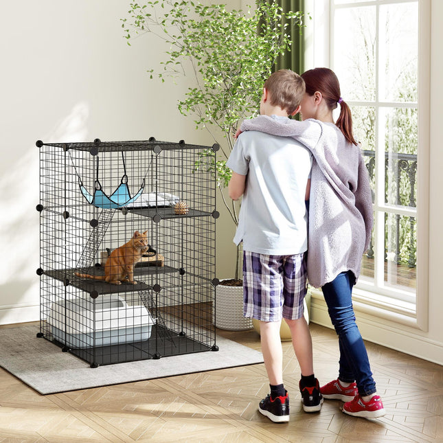 Indoor Cat Cage DIY Customizable 3-Tier Indoor Cat Enclosure with 3 Doors and Hammock 105 cm Black