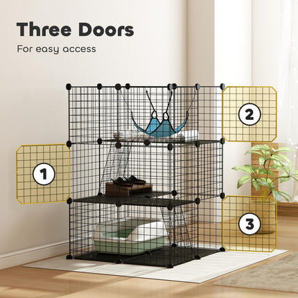 Indoor Cat Cage DIY Customizable 3-Tier Indoor Cat Enclosure with 3 Doors and Hammock 105 cm Black