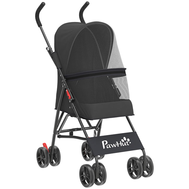 Dog Stroller, Foldable Cat Dog Pram for Miniature Breeds, Pet Stroller with Brake, Mesh Windows, Black