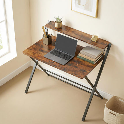Compact Folding Desk for Small Spaces with Storage Shelf for Home Office, Rustic Brown