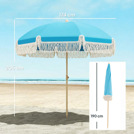 1.7 m Beach Umbrella with Sand Anchor, 30¬∞ Tilting Fringed Beach Garden Parasol
