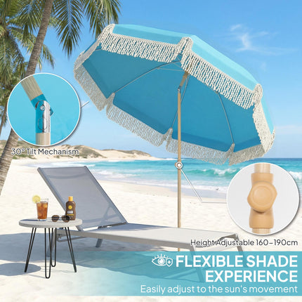 1.7 m Beach Umbrella with Sand Anchor, 30¬∞ Tilting Fringed Beach Garden Parasol