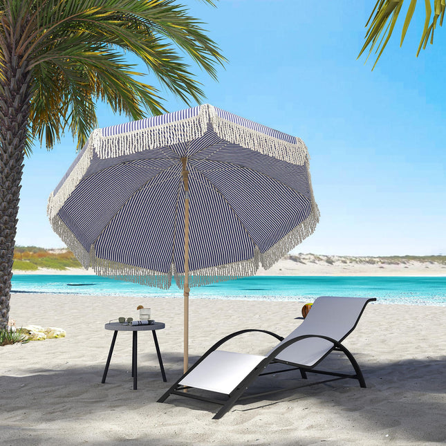 1.7 m Beach Umbrella with Sand Anchor, 30° Tilting Fringed Beach Garden Parasol with Adjustable Height, Blue