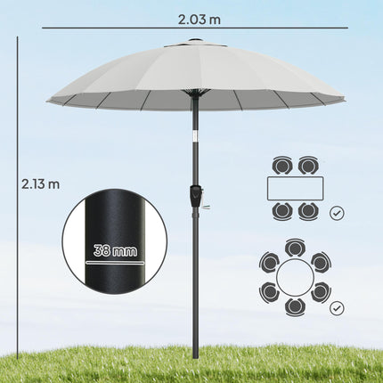 2 m Shanghai Garden Parasol Umbrella with 16 Fibreglass Ribs, Outdoor Parasol Sun Shade with Crank & Tilt, Light Grey